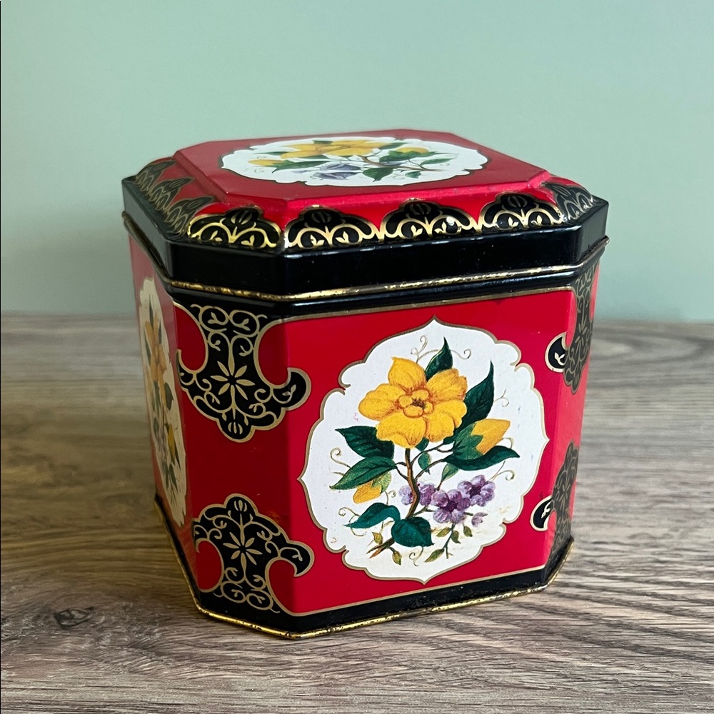 Vintage Floral Red and Black Metal Tea Tin Made in Great Britain